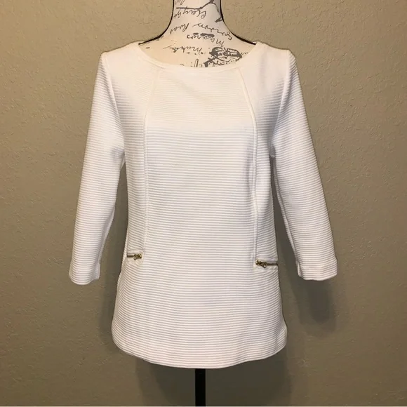 Boden Ottoman Ribbed Zipper Top Off White 3/4 Sleeve Round Neck Size 8 - Picture 1 of 6